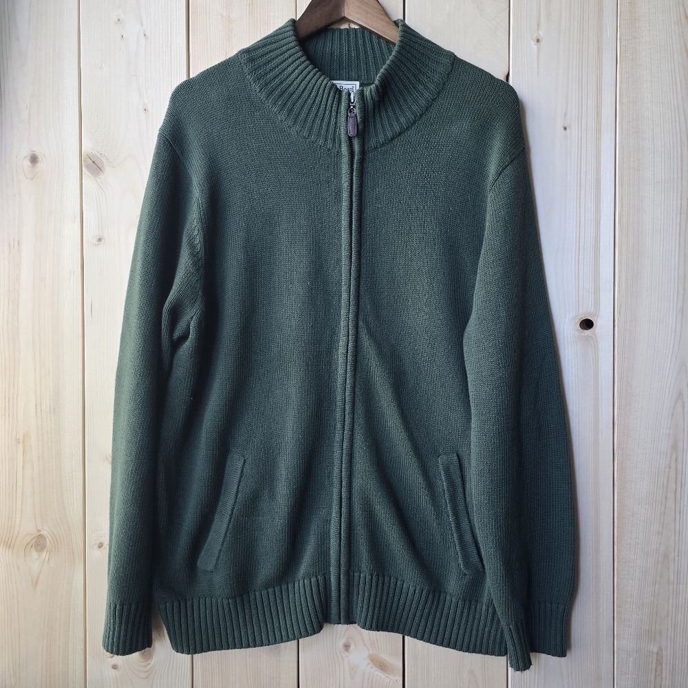 L.L Bean Full Zip Mock Neck Heavy Knit Cotton Sweater Mens Large Regular